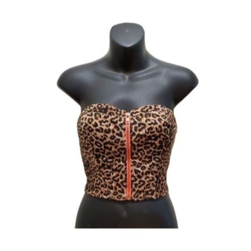 Lush Leopard Print Bustier Top Neon Zipper Geometric Back Crop Small Y2K Party